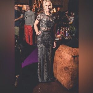 Marchesa Notte Silver Embroidered Gown size 8.